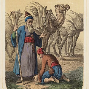 Harun al Rashid and Abdallah in a scene from One Thousand and One Nights (colour litho)