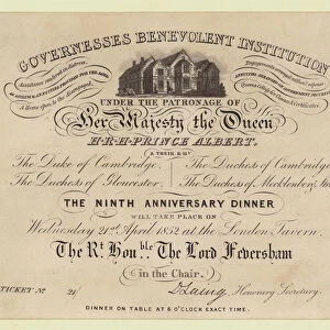 Invitation to the Governesses Benevolent Institution Dinner, 21 April 1852, London Tavern (engraving)