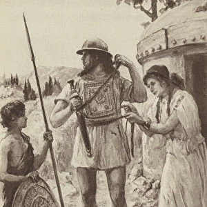 An Italic Farmer of the Bronze age arming for Battle (litho)