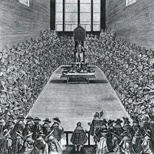 King James I (1566-1625) in the Houses of Parliament, 1624 (engraving) (b / w photo)