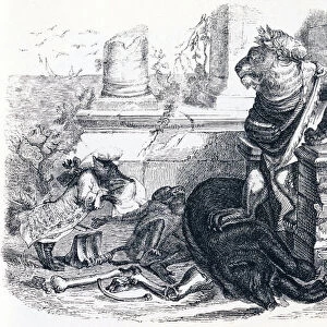 The lions court - Fables by La Fontaine, 19th century (engraving)