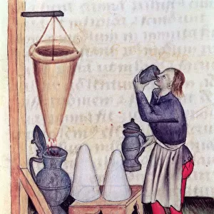 Ms Lat 993 L. 9. 28 f. 142r Making sugar syrup, from Tractatus de Herbis by Dioscorides (vellum)