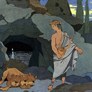 Orpheus and his lyre put to sleep Cerbere the dog with three heads, 1926 (Illustration)