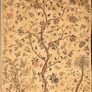A palampore printed and painted with a central tree against a vermicular yellow ground