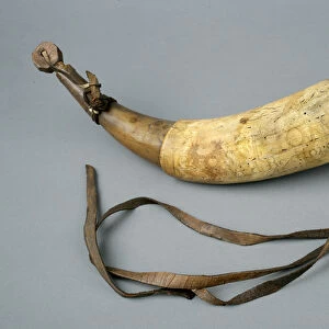 Powder Horn with strap and stopper, 1773 (horn, wood, leather & metal)