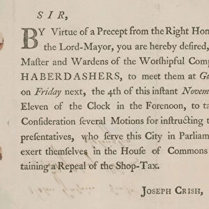 Printed letter from Joseph Crish, Beadle of Guildhall, London (engraving)