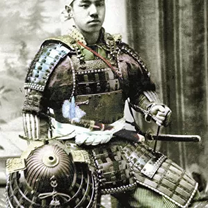 Samurai of Old Japan armed with full body armour, c. 1880 (hand coloured albumen photo)