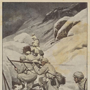 The Snow Soldiers, a ski patrol engages combat with a group of enemy scouts (colour litho)