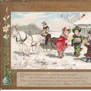 A Victorian Christmas card of two ladies beside a horse drawn carriage giving gifts to a