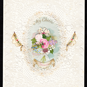 A Victorian paper lace Valentine card of a bouquet of flowers, c. 1870 (colour litho)