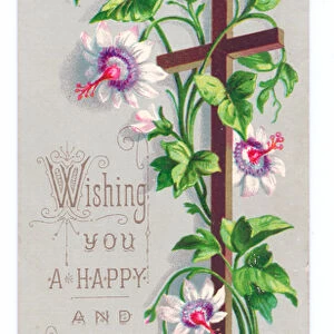 A Victorian religious Christmas card of a cross entwined with white hibiscus, c