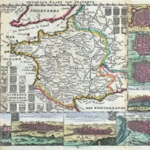 1747, La Feuille Map of France, topography, cartography, geography, land, illustration
