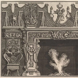 Bird in shell at the center of the lintel, with a frieze of trophies, surmounted by an