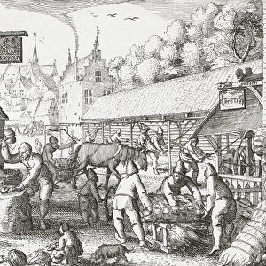 Dutch villagers in the early 17th century working at the town industry of rope making from locally grown hemp. After a print by Claes Jansz Visscher (II)