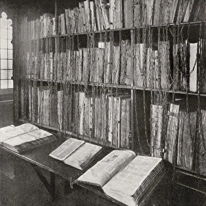 Hereford Cathedral, Hereford, England. The chained library. From Cathedrals, published 1926