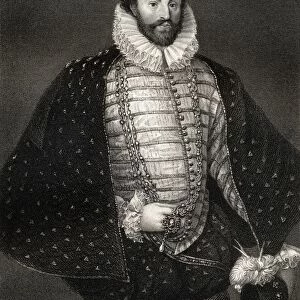 Sir Christopher Hatton, 1540-1591. Favourite Of Elizabeth I & Lord Chancellor Of England From 1587-1591. From The Book "Lodges British Portraits"Published London 1823