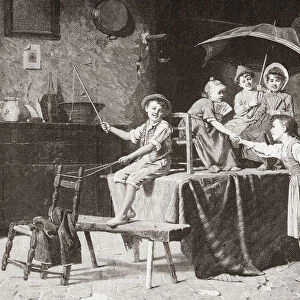 The Stagecoach. Children using a table and chairs to build an imaginary stagecoach, 19th century. From La Ilustracion Espanola y Americana, published 1892
