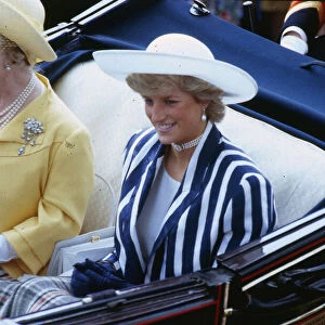 Princess Diana Princess of Wales sitting in a coach at Ascot racecourse with the Queen