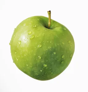 Apple, Malus domestica Granny Smith, Cut out on white of a one green apple with Apple, Malus domestica Granny Smith, Cut out on white of a one green apple with